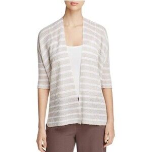 Eileen Fisher Womens S M Beige White Stripe Organic Linen Open Cardigan